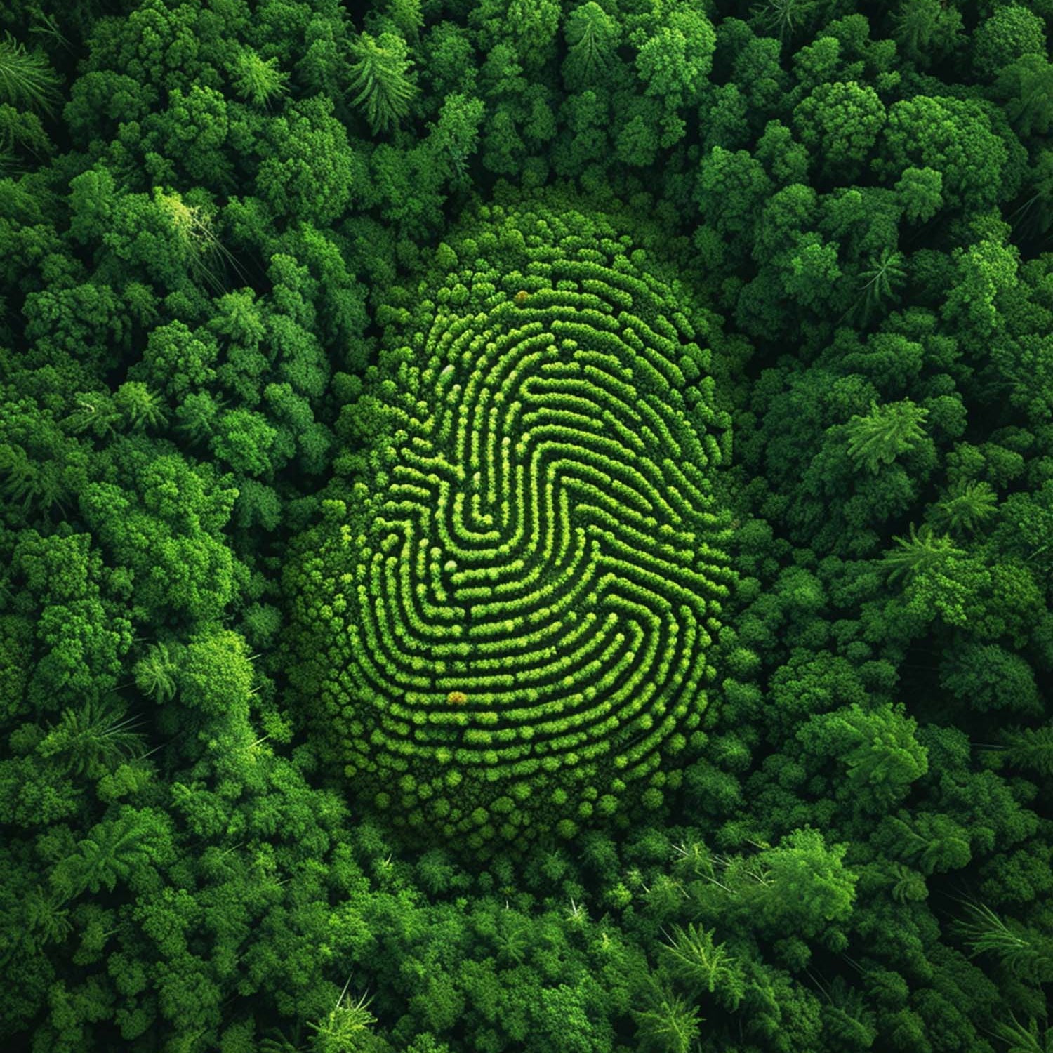 Aerial view of a green forest with a fingerprint-shaped clearing, symbolizing NANUK's unique approach to sustainability.