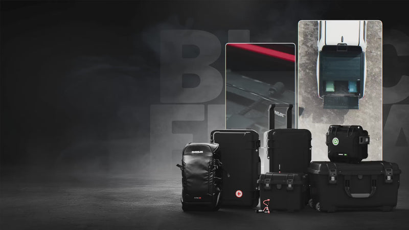 A Black Friday display features Nanuk outdoor cases and a backpack on a smoky floor, with vertical video frames showcasing the brand's rugged gear.