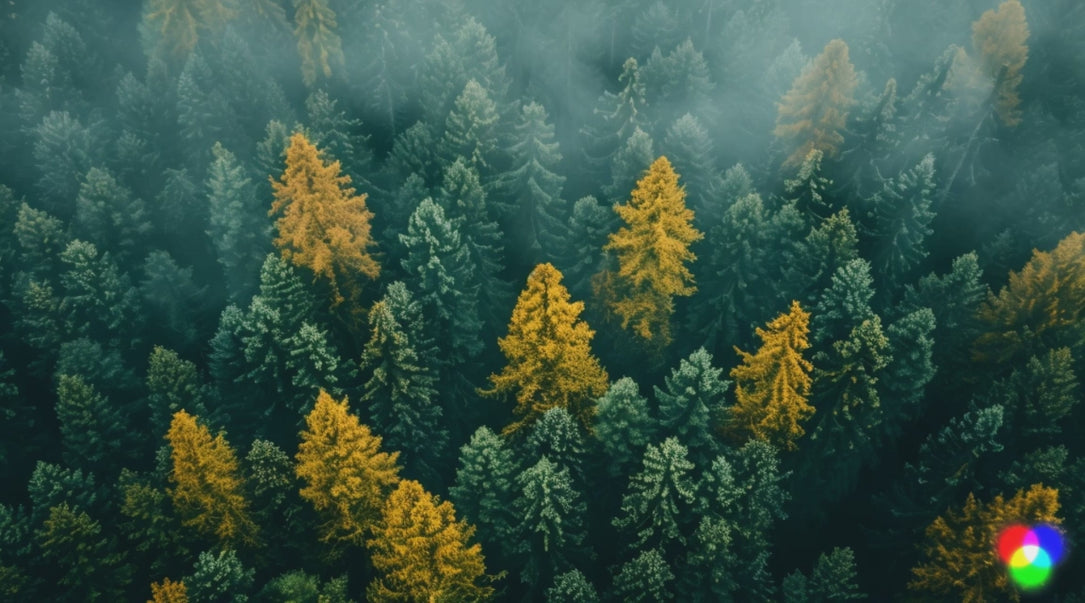 Aerial animation view of pine trees