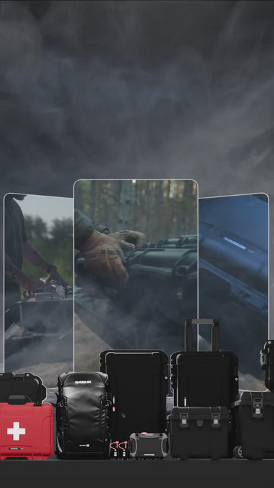 NANUK protective cases, including a backpack and a red first aid case, are displayed in the foreground, with three dynamic outdoor scenes visible in screens above, all set against a smoky backdrop.