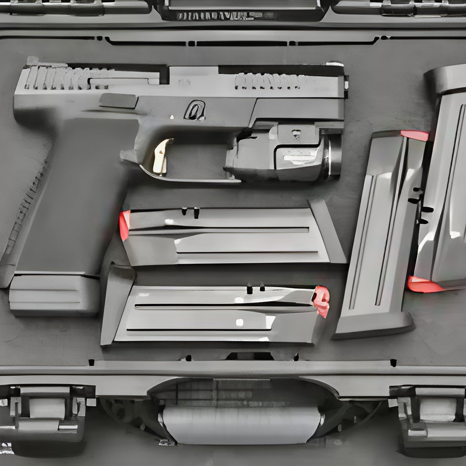 Weapon components in a case with a detailed background